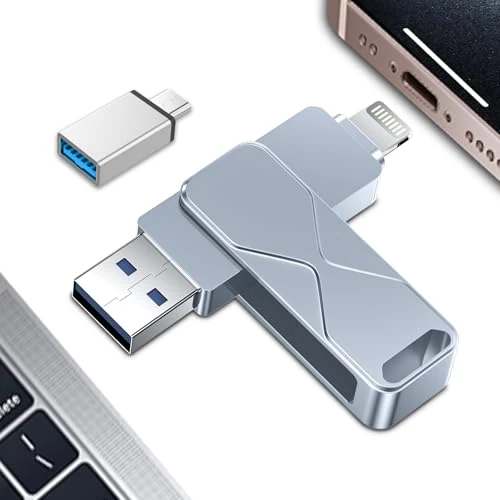 USB Flash Drive for iPhone, MFI Certified Lightning External Memory Pen Drive Pen USB 3 in 1 Flash Drives for iPhone, iPad, iOS, Macbook, Android, PC (Grey, 512GB)