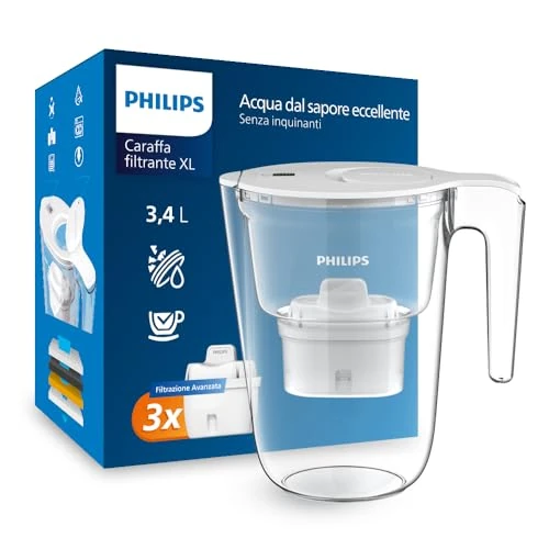 Dzbanek filtra Philips + 3 zapasowe wkłady filtrujące Micro X-Clean, szybki przepływ, biały, 3,4 l, elektroniczny timer