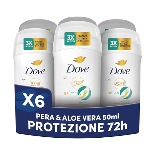 Offerta a tempo: Dove Deodorante Stick Go Fresh Pera e Aloe Vera, Deodorante Antitraspirante, Protezione Fino a 72 Ore, con Pro-Ceramide Technology e Ingredienti Idratanti, Deodorante Uomo e Donna, 6 Pezzi da 50ml - 33% da 26.46 € a 17.64 €