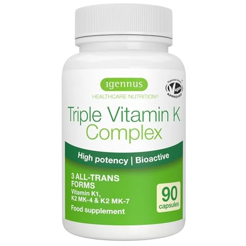 Igennus Triple Vitamine K Complex Avancé 2700 mcg, K2 (MK-4 & MK-7) & K1, Formes Naturelles Bioactives, Haute Puissance, Santé Osseuse et Cardiovasculaire, Formule Pure, Végan, 90 Gélules, 1 par jour
