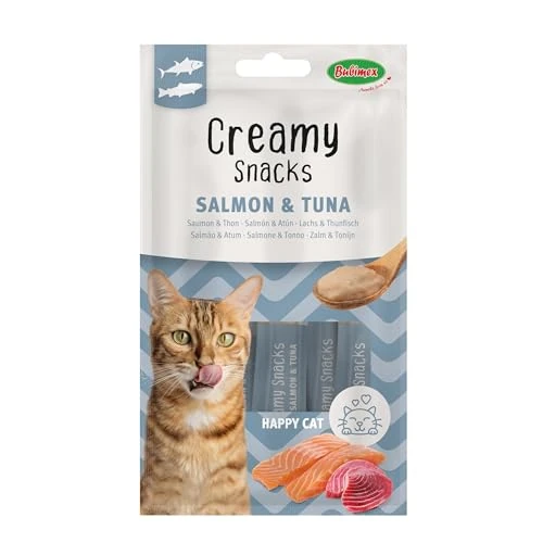 Bubimex - Creamy Snacks Thunfisch und Lachs – Leckcreme für Katzen – Glatte, cremige und appetitliche Textur – Stimuliert den Appe und fördert die Flüssigkeitszufuhr – 4 x 15 g