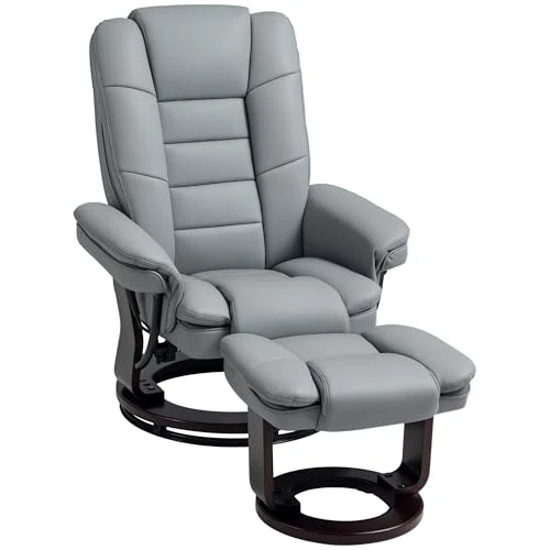 HOMCOM Fauteuil avec repose-pieds inclinable 135°, fauteuil relax ergonomique pivotant avec pouf, appuie-tête et accoudoirs en cuir PU pour chambre, bureau, salon et salon, 85 x 82 x 106 cm, gris