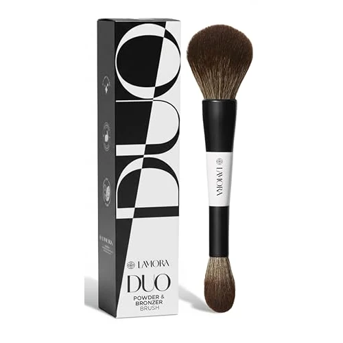 Lamora Bronzer + Cipria Pennello Trucco Doppio - Pennello Make Up Viso Duo Morbido Per Polvere Blush Illuminante - Vegano, Cruelty-Free & Setole Sintetiche