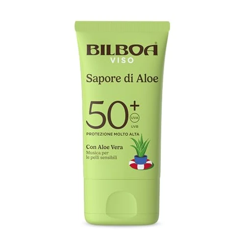 Bilboa Sapore di Aloe Crema Viso Solare SPF 50+, con Aloe Vera, Musica per le Pelli Sensibili, Resistente all'Acqua, Dermatologicamente Testato - 40 ml