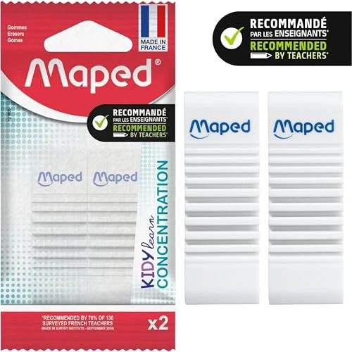 Offerta a tempo: Maped - 2 gomme KIDY LEARN CONCENTRATION - Superficie strutturata - Stimolazione sensoriale - Gomma efficiente - Made in France - Confezione di carta riciclabile - 56% da 5.26 € a 2.30 €