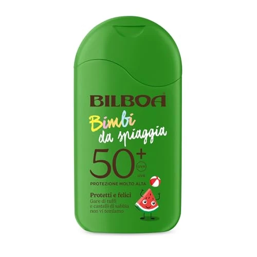 Offerta a tempo: Bilboa, Bimbi da Spiaggia, Latte Solare SPF 50+ per Bambini 3+ anni, con Profumo di Anguria, Rapido Assorbimento e Facile Applicazione, Resistente all’Acqua, 200 ml - 50% da 15.49 € a 7.77 €