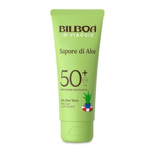 Bilboa In Viaggio, Sapore di Aloe Crema Solare SPF 50+, Con Aloe Vera, Musica per Pelli Sensibili, Resistente all'Acqua, Dermatologicamente testata, 75 ml
