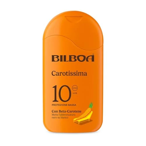 Offerta a tempo: Bilboa Carotissima, Latte Solare SPF 10, Abbronzante Corpo, Formula con Betacarotene, Mette l'Abbronzatura Nero su Bianco, Resistente all'Acqua, Dermatologicamente Testato, 200 ml - 45% da 11.99 € a 6.58 €