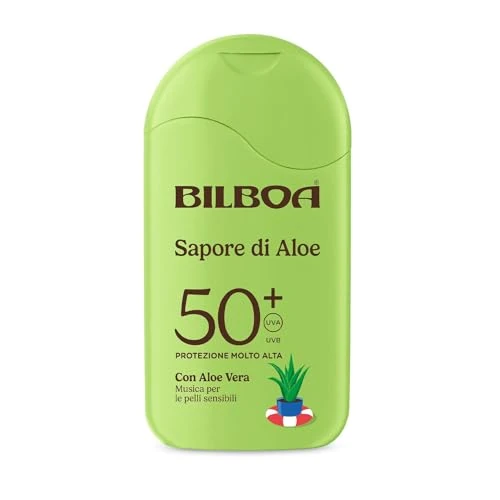 Bilboa Sapore di Aloe latte solare SPF 50+, con Aloe Vera, Musica per le Pelli Sensibili, Resistente all'Acqua, Dermatologicamente Testato - 200 ml