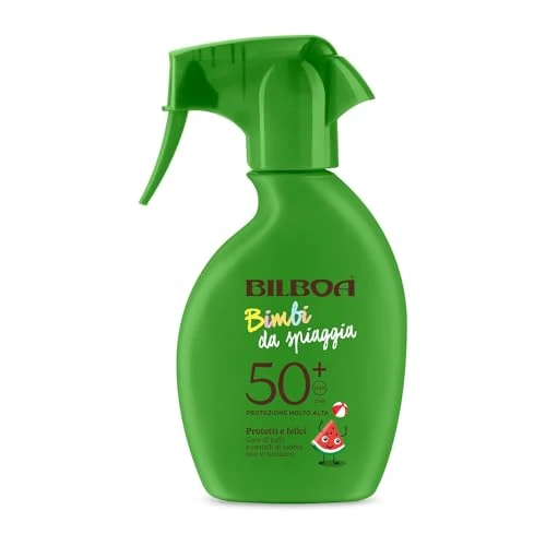 Zeitlich begrenztes Angebot: Bilboa Strand-Sonnenspray für Kinder, mit LSF 50+, wasserfest und verbrühungsfest, dermatologisch getestet, 250 ml von 15.50 € auf 14.90 € (4% Rabatt)