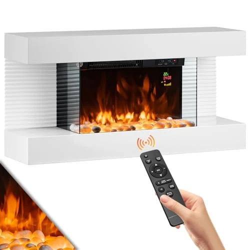 BAKAJI Kominek ścienny elektryczny z drewnianą ramą kominek 2000 W, w komplecie z meblami, cichy nowoczesny design, kuchenka ścienna, cyfrowy termostat, realistyczny efekt ognia (Saint Moritz)