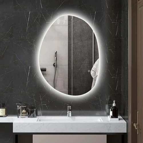 HOMCOM Miroir de salle de bain éclairé avec LED à intensité variable, 3 températures de couleur, 80x60 cm Miroir mural rétro-éclairé réversible avec crochets, anti-buée et fonction mémoire, argenté