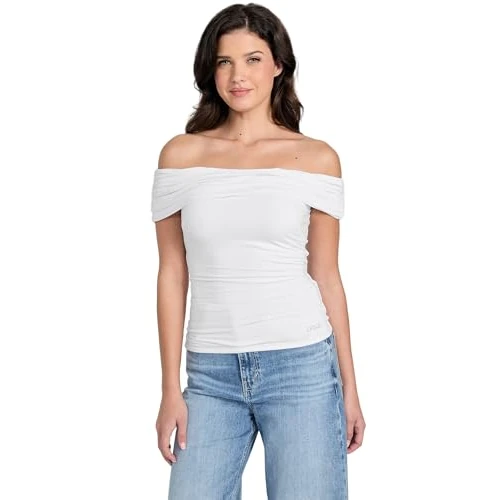 Offerta a tempo: Guess Eco Charlotte - Top da donna con spalle scoperte, Bianco puro., XS - 20% da 55.00 € a 44.00 €
