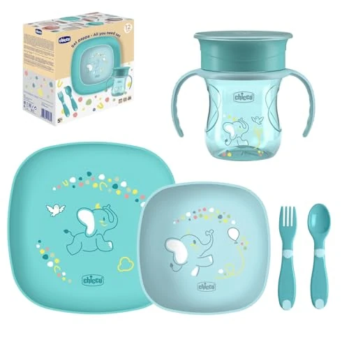 Chicco Porridge Set, Contains 1 Cup, Set of 1 Bowl and 1 Flat Plate and Cutlery, Fork and Spoon, Children's Weaning Set, 12M+, Light Blue