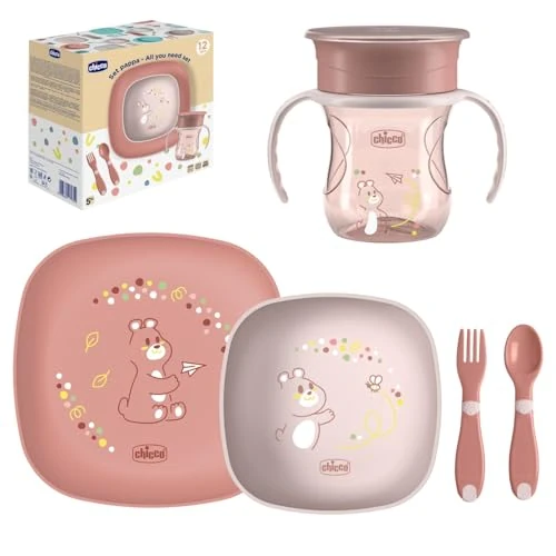 Limited offer: Chicco Porridge Set, Contains 1 Cup, Set of 1 Bowl and 1 Flat Plate and Cutlery, Fork and Spoon, Children's Weaning Set, 12M+, Pink from 29.90 EUR to 29.90 EUR (save 0%)
