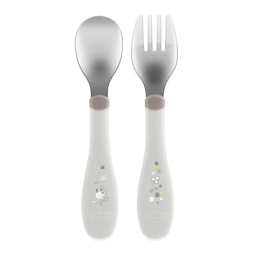 Chicco Posatine Inox, Posate Bambini, Set Pappa, Forchetta e Cucchiaio per Bambini, in Acciaio Inossidabile, Facili da Impugnare, Set Svezzamento Prima Pappa, 2 Pezzi, 18M+, Grigio