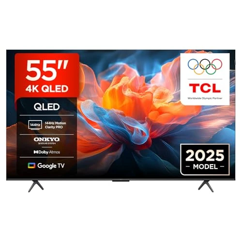TCL 55T8C 55" QLED 4K HDR Ultra HD TV, Smart TV aangedreven door Google TV (Dolby Vision & Atmos, 144Hz Motion Clarity Pro, FreeSync, Onkyo 2.1 geluid, Voice Control)