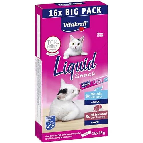 Tijdelijke aanbieding: Vitakraft Vloeibare snack, kattenlekkernijen, kattensnack, romig, met leverworst en biotine, met zalm en omega 3, in afzonderlijke zakjes, 1 voorraadverpakking (16 x 15 g) van 8.79 € naar 6.49 € (26% korting)