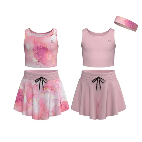 Tijdelijke aanbieding: Essenclo Flowy Meisjes Vlinder Shorts Rokken w/Zakken & Atletische Mouwloze Tanktops, Dance Tennis Cheer Running (5 st Set), Set-14, 9-10 van 38.04 € naar 28.45 € (25.21% korting)
