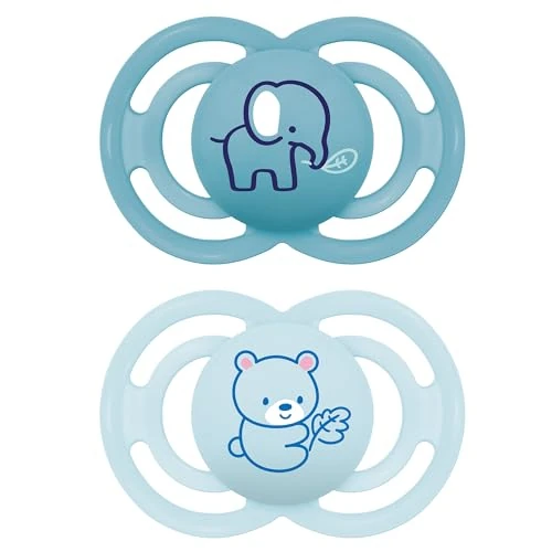 MAM Perfect MAM smoczek dwuczęściowy, zestaw 2 miesięcy, silikonowy smoczek dla zdrowego rozwoju jamy ustnej, zestaw 2 szt., z uchwytem na smoczek, sterylizator, jasnoniebieski