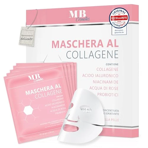 Offerta a tempo: MB COSMETICS Maschera al Collagene – con Acido Ialuronico, Niacinamide e Probiotici – Maschera Viso Idratante in Hydrogel per Ridurre le Rughe. Ultra concentrata: 52.000 ppm. 5 pezzi. - 29% da 27.90 € a 19.90 €