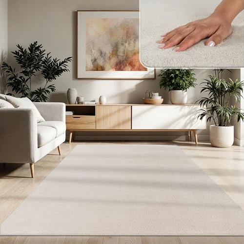 Paco Home Moderner Kuscheliger Wohnzimmer Teppich Kurzflor waschbar flauschig Weich Einfarbig Felloptik zeitlos stilvoll rutschfest pflegeleicht, Grösse 240x340 cm, Farbe: Creme 4