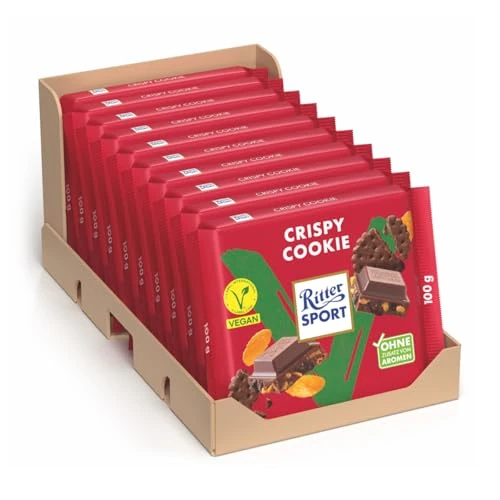 RITTER SPORT Crispy Cookie Vegan, Tavoletta di Cioccolato con Farina di Mandorle, Cacao, Cornflakes e Biscotto, 10 Pezzi x 100 g