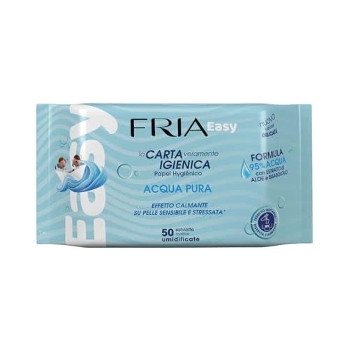 Offerta a tempo: Fria Easy Carta Igienica Umidificata con Acqua Pura ad Effetto Calmante, Tessuto Gettabile nel WC, Dermatologicamente Testate, Confezione da 50 Salviette - 12% da 1.99 € a 1.75 €