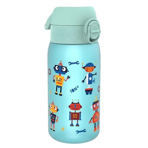 Ion8 Botella de Agua para Niños, 350ml, a Prueba de Fugas, Fácil de Abrir, Cerradura Segura, Apta para Lavavajillas, Sin BPA, Asa de Transporte, Fácil de Limpiar, Neutro en Carbono, Diseño Robots