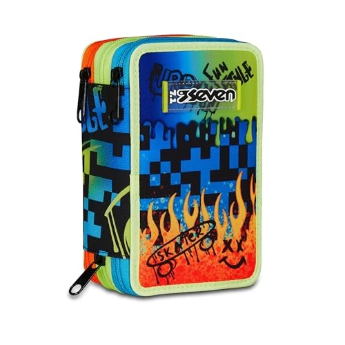 Offerta a tempo: Seven Astuccio Scuola 3 Zip SCRIBBLED FLAME, Blu, Portapenne Triplo Scomparto Completo Di Penne, Matite, Colori, Accessori Zaino, Scuola Elementare, Bambino - 38% da 32.90 € a 20.33 €
