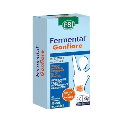 Offerta a tempo: ESI, Fermental Gonfiore, Integratore Alimentare per il Gonfiore Addominale, a Base di Probiotici e Finocchio, Favorisce l'Equilibrio della Flora Intestinale, Senza Glutine, 10 Stick Orosolubili - 70% da 11.39 € a 3.47 €
