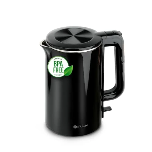 MULIN czajnik elektryczny, 2200 W, pojemność 1,7 l, szybkie gotowanie, obracana o 360 ° podstawa, jasne diody LED, ndicator z kubków, stal nierdzewna, czarny