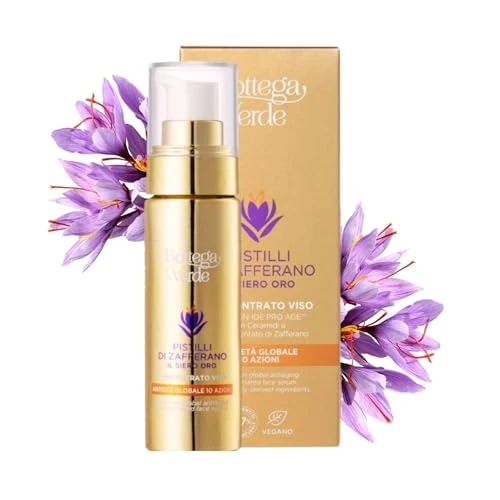 Bottega Verde - Pistilli di Zafferano, Il Siero Oro, Concentrato Viso Antietà Globale 10 Azioni, 30ml, con Ceramidi ed Iperfermentato di Zafferano, Trattamento Antirughe, Idratante e Illuminante