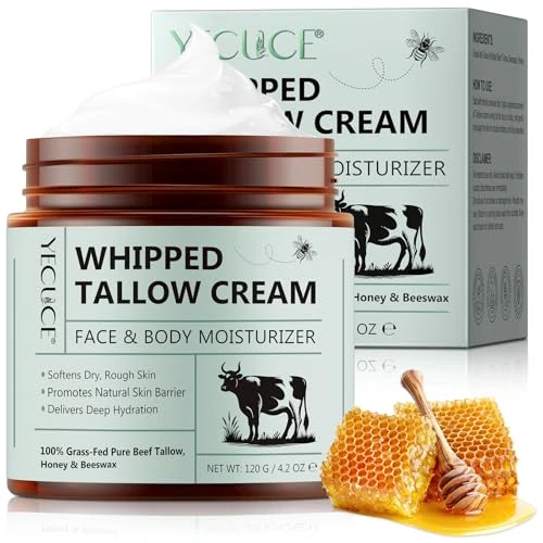 Beef Tallow for Skin 120 g, Suif de Bœuf pour les Soins de la Peau, Baume au Suif et au Miel 100% Naturel et Biologique pour le Visage et le Corps, Crème pour le Visage au Suif, Hydratation Profonde