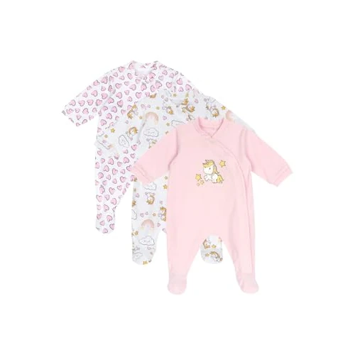 Chicco, Baby-Strampler für Mädchen, Set aus 3 Stramplern aus 100% Baumwolle mit Füßen und bequemer Öffnung, Babykleidung für 0–3 Monate, Geschenkideen zur Geburt