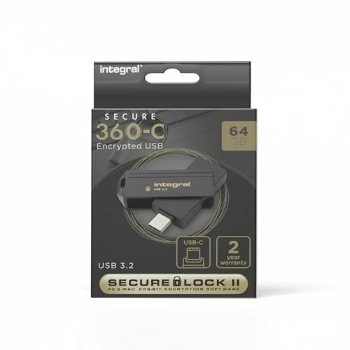Limited-time offer: Integral Secure 360-C 64GB Software Encrypted USB Flash Drive - USB-C Connector - 256-bit AES encryption - Compatible with Mac, MacBook, PC, laptop from 16.44 £ to 16.44 £ (save 0.00%)