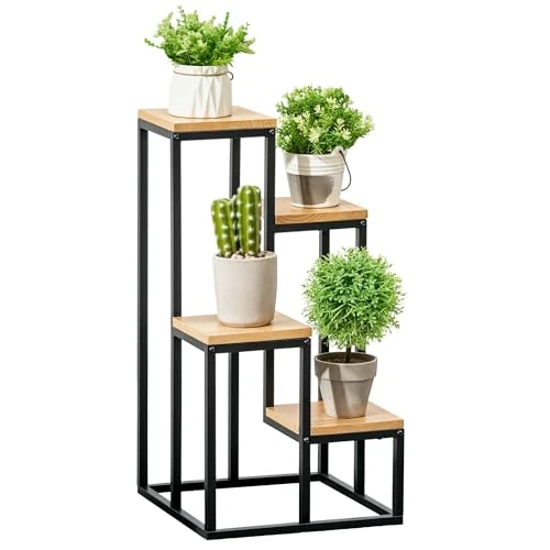 Offerta a tempo: Outsunny Scaffale Porta Piante da Interno a 4 Livelli, Scaffale Porta Fiori e Vasi in Metallo e Legno di Abete per Interni ed Esterni, per Giardino, Balcone e Soggiorno, 34x34x66cm, Colore Legno - 49% da 48.69 € a 24.97 €