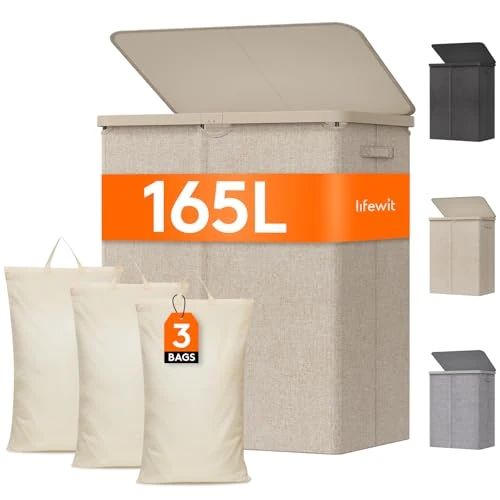 Tijdelijke aanbieding: Lifewit Wasmand met Deksel, Grote met Plastic Handvatten en Een Uitneembare Zak, Opvouwbare Grote Vuilnisbakken voor Vuilnis voor Waskamer, Slaapkamer, Badkamer, Slaapzaal, 165L, Beige van 47.99 € naar 44.99 € (6% korting)