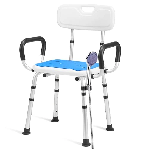 Careboda Shower Stool - Shower Stool for Seniors - with Backrest and Armrests, 6-Way Height Adjustable, Load Capacity 300 lbs, Suitable for Bath and Shower, Father's Day, Mother's Day, Parents'