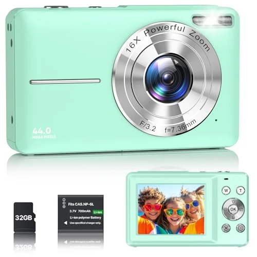 Digital Camera 1080P FHD Compact Digital Camera 44MP Portable Mini Small Photo Camera with 2.4" LCD Screen, 16X Digital Zoom and 1 Battery Vlogging Camera for Kids, Girls, Boys-Green