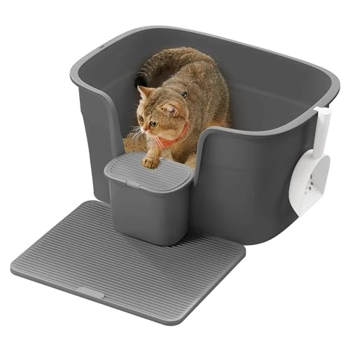 Feandrea Cat Litter Tray, Extra Large Cat Litter Tray, Multi-Cat Households, with High Side Walls, Cat Litter Mat, Storage Box, Scoop, for Large Cats, Slate Grey PPT003G02