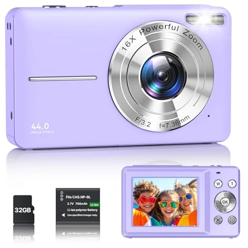 Digitale camera 1080p fotocamera 44MP camera fototoestel draagbare compacte camera met 2,4 inch LCD-scherm, 16 x digitale zoom, 32G micro geheugenkaart, 1 accu voor kinderen, tieners, studenten en