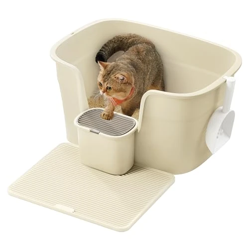 Feandrea Katzenklo, extragroße Katzentoilette, für Mehrkatzenhaushalte, mit hohen Seitenwänden, Katzenstreumatte, Aufbewahrungsbox, Schaufel, für große Katzen, sandbeige PPT003L01