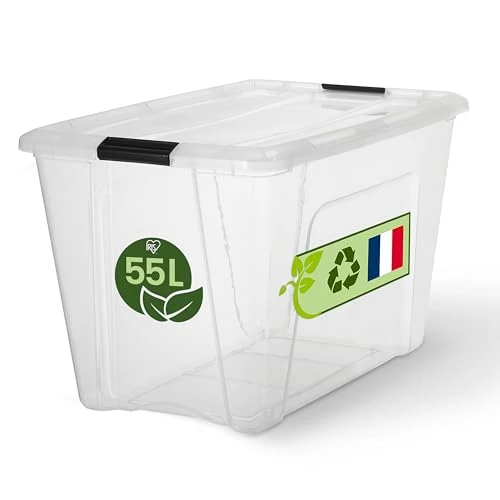 Iris Ohyama Aufbewahrungsboxen mit Deckel, 55L, Transparent, Sicherer Verschluss, Stapelbar, Griffe, Schlafzimmer, Schrank, Büro, Organisation, BPA-freies Plastik, Ordnungsboxen, BSB-55
