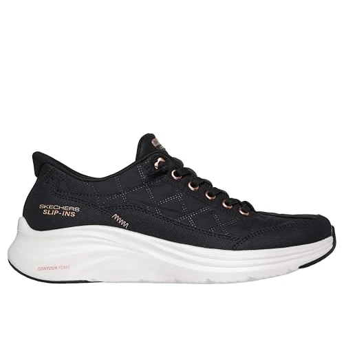 Skechers Contour Foam Golden HourSneaker Donna, Pelle Duraleather in Rete Nera con Finiture in Oro Rosa, 39 EU