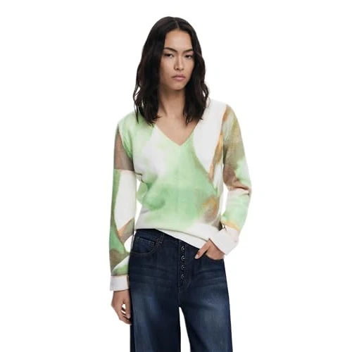 Limited-time offer: Desigual Oulu Soft Watercolour Effect V-Neck Jumper25WWJF13 Green from 48.78 £ to 48.78 £ (save 0.00%)