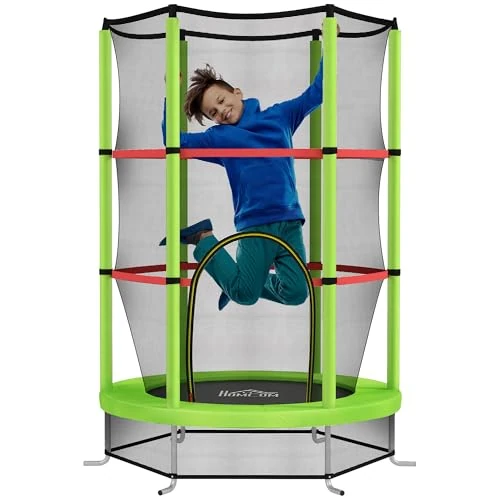 HOMCOM Elastic Trampoline for Children 3-6 Years with Protective Mesh, 6 Columns and 3 Entrances, Elastic Mat in PE, Plastic and Metal, Diameter 140 x 190 cm, Green and Black