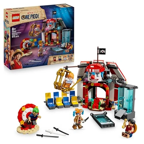 LEGO ONE PIECE La Tenda del Circo di Bagy il Clown - Giocattolo Interattivo con 4 Minifigure tra cui Luffy, Nami e Zoro, e 2 Poster Ricercato - Regalo per Bambini, Bambine e Fan da 8 Anni - 75637
