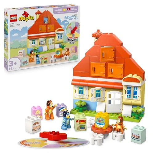 LEGO DUPLO Bluey: Blueys Familienhaus mit Memory-Spiel - Lernspielzeug für Kleinkinder - Inkl. 3 Minifiguren, aufklappbare Fenster und Brettspiel - Geschenk für Jungen & Mädchen ab 3 Jahren - 10459