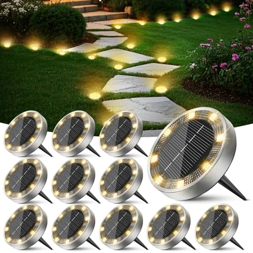 Peasur zonnevloerlamp, 12 stuks, 8 LEDs, waterdicht, tuin, paden, oprit, gazon, terras, binnenplaats, zwembad [warm wit]